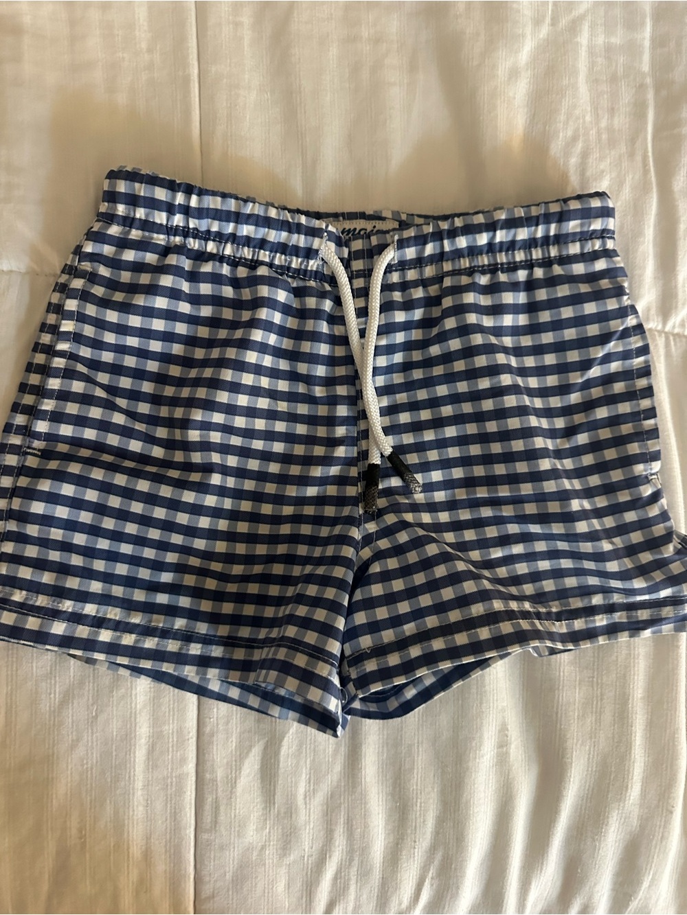 Kids Blue and White Gingham Swim Trunks